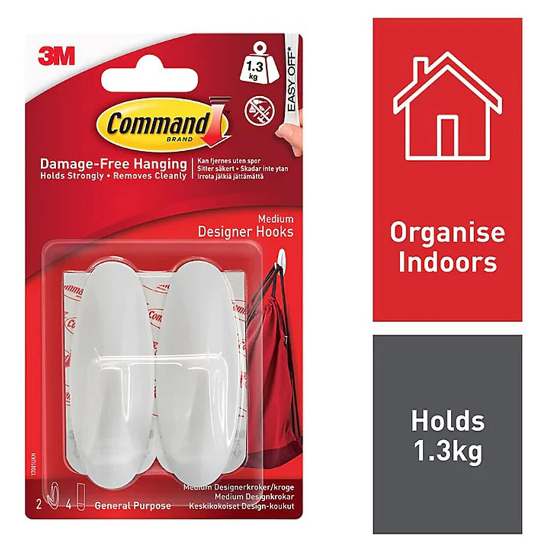 3M Command Medium Designer 2 Hooks/4 Strips Pack - White | 3M17081 - Image 2