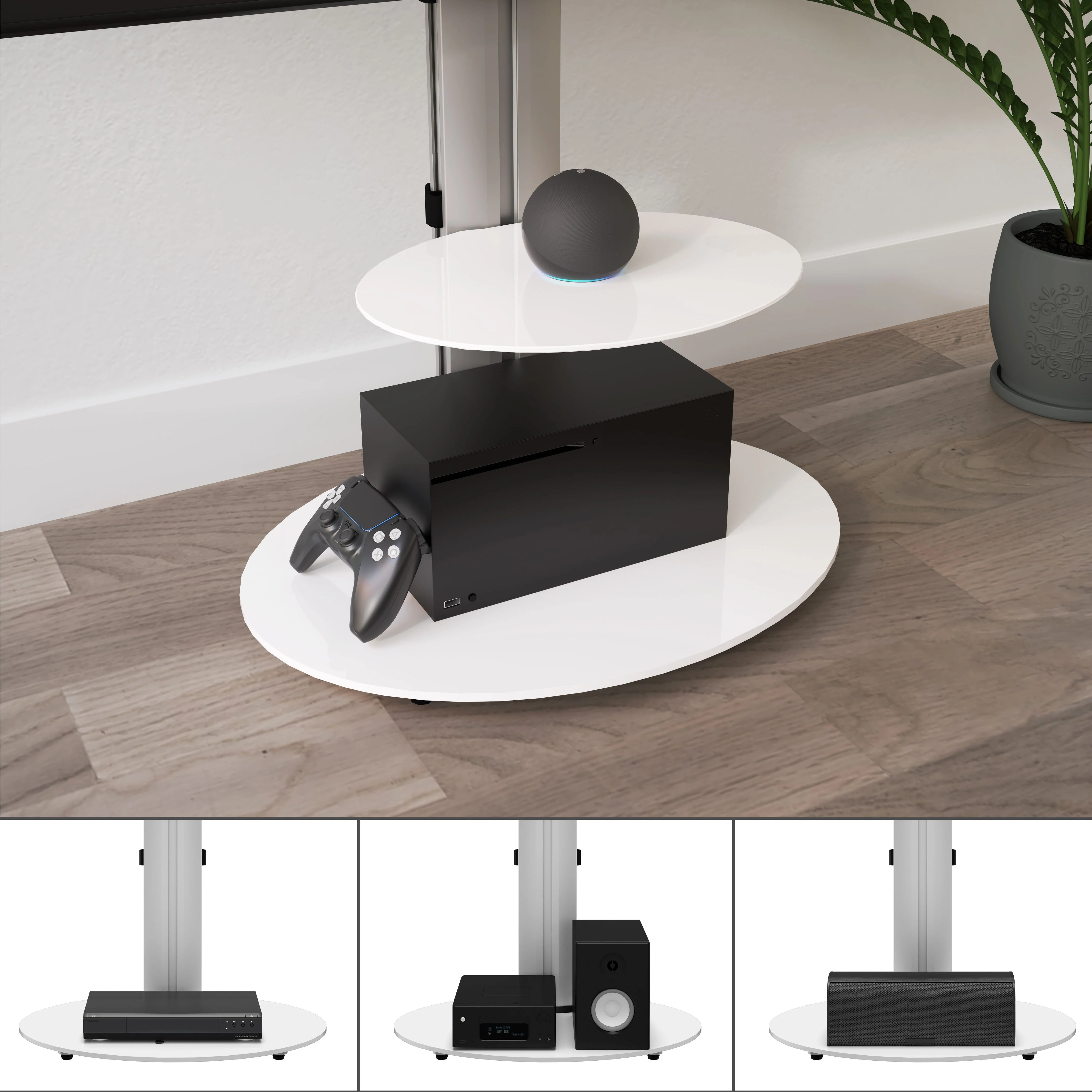 AVF Eno 60cm Pedestal TV Stand - Silver Column / White Glass Base and Shelf | FSL600ENSW - Image 3