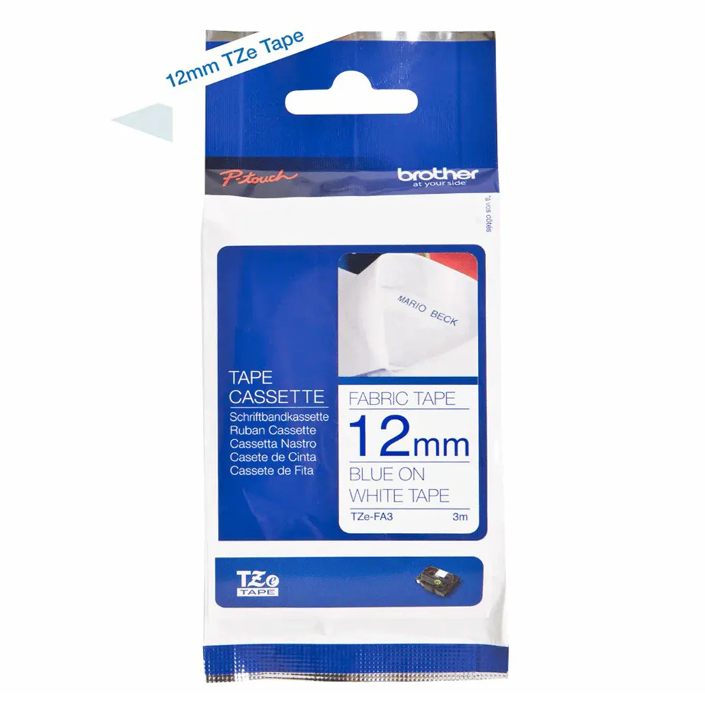 Brother 12mm Blue on White Genuine Fabric Tape Cassette - White | TZEFA3 - Image 2
