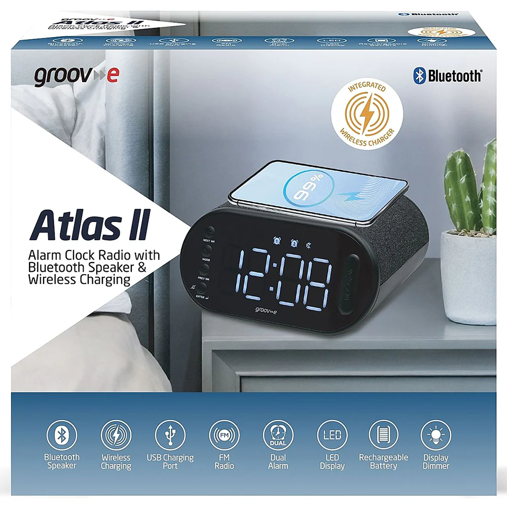Groov-e Atlas II Alarm Clock Radio with Wireless Charging Pad - Black | GVCR06BK - Image 6