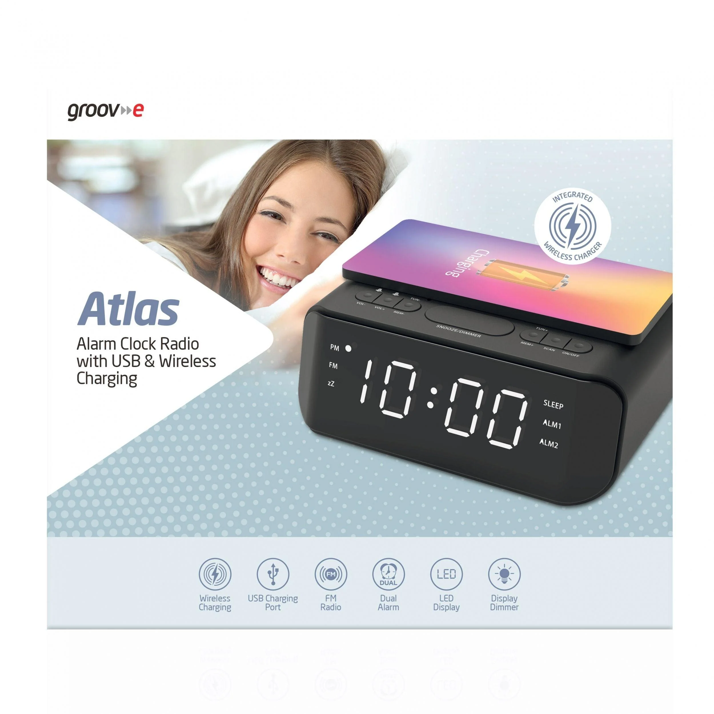 Groov-E FM Alarm Clock Radio with USB & Wireless Charging - Black | GVWC06BK - Image 8