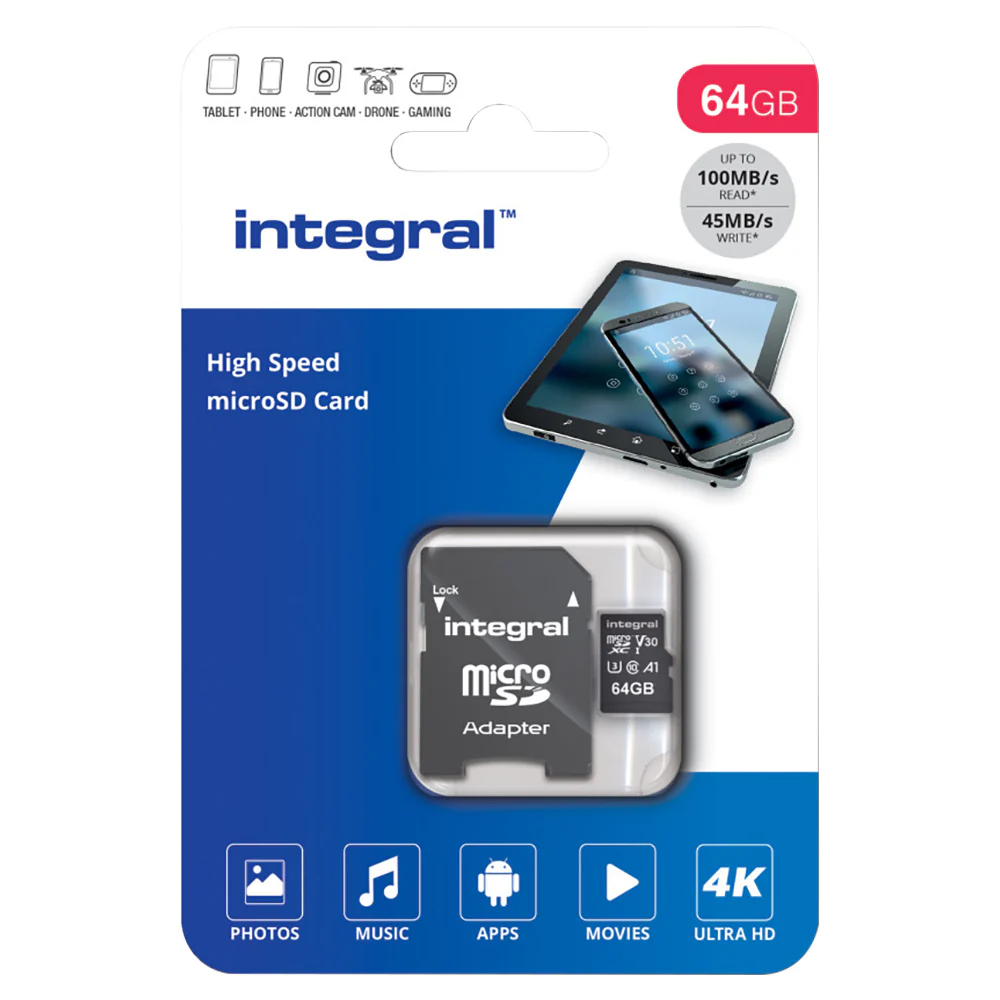 Integral V30 UHS-I U3 High Speed 64GB Memory Card - Black | INMSDX64G-100V30