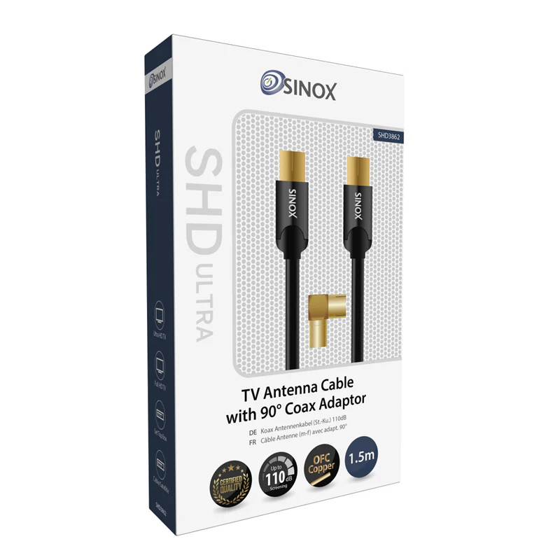 Sinox 1.5M SHD Ultra Antenna Cable with 90° Coax Adaptor - Black | SHD3862 - Image 2