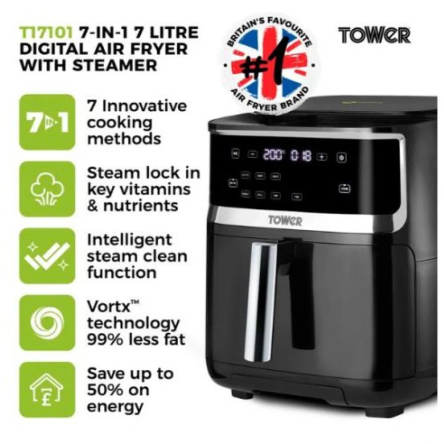 Tower Vortx 1700W 7L Steam Air Fryer - Black | T17101 - Image 6