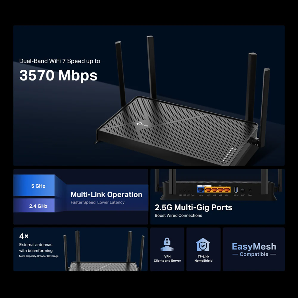 TP Link BE3600 Dual Band Wi-Fi 7 Router - Black | ARCHER BE230 - Image 9